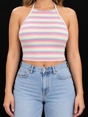 Women's Rainbow Stripe Halter Bikini Top, XXL